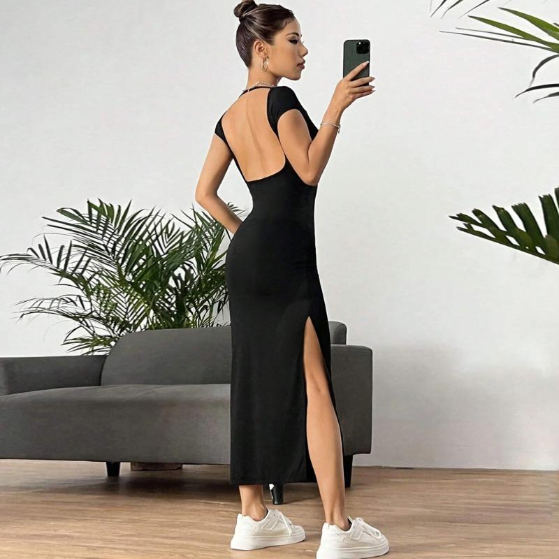 

Летнее женское платье с круглым вырезом и коротким рукавом с открытой спиной, высокой талией, тонкое, удобное, с разрезом на бедрах, с запахом, повседневное модное платье больших размеров, сплошное цветное длинное платье S чёрный