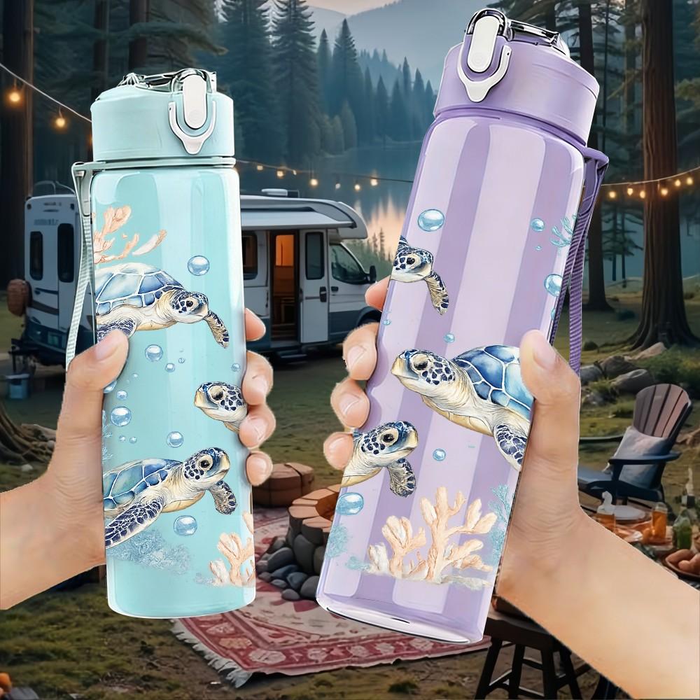 1 PZ Tartaruga Marina Animale Marino Sott'acqua Stampa 750ml Colore Plastica Borraccia Sportiva Tappo Flip Anti-perdita con Cannuccia Adatta per Sport Ufficio Uso Domestico