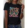 European Sizes Women's Peace Love Hippie Soul Floral Peace Symbol Graphic T-Shirt - Short Sleeve Crew Neck Casual Top with Medium Stretch