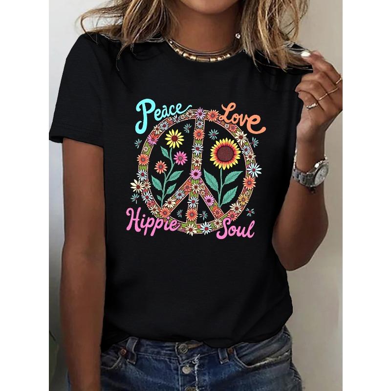 

European sizes Women s Peace Love Hippie Soul Floral Peace Symbol Graphic T-Shirt - Short Sleeve Crew Neck Casual Top with Medium Stretch 4XL