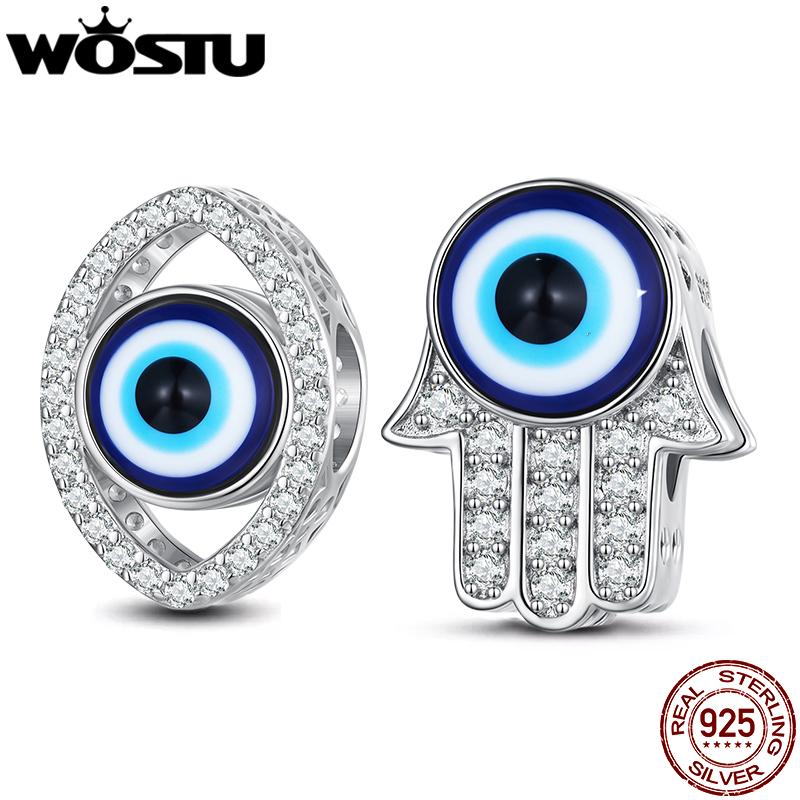 WOSTU 925 Sterling Silver Blue Evil Eye Charms Fatima's hand Beads Fit Original Bracelet DIY Necklace Jewelry Make New Year Gift