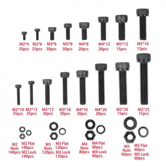 1600Piece Metric Screw Assortment M2 - M5, Grade 12.9 Alloy Steel Hex Bolts