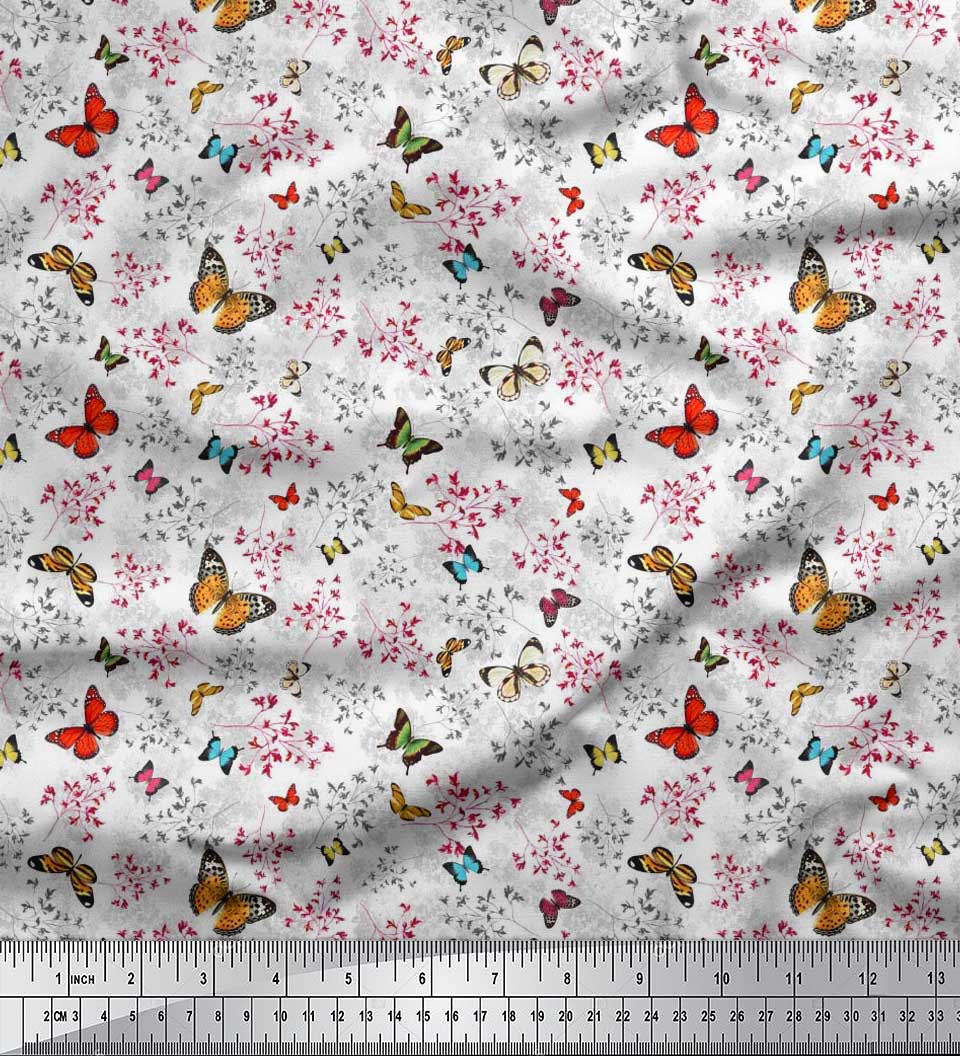 

Японська креп-сатин Soimoi Тканина для рукоділля з принтом квітів і метеликів метеликів на метри 42 дюйма 42 Inch Wide - Poly Crepe білий