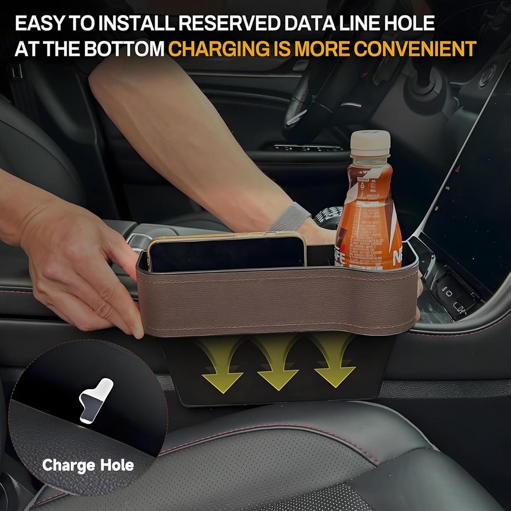 2026 Upgraded 2 PC (L+R) Premium PU Leather Car Seat Gap Filler Organizer With Cup Holder & Storage Slot/Bag– Fits Front Seat, Holds Phone,