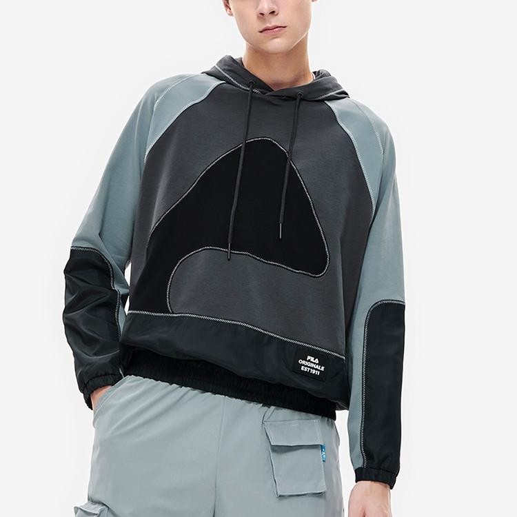 FILA Loose Fit Color Block American Logo Knit Hoodie Men hoodies Black F11M239208F-BK