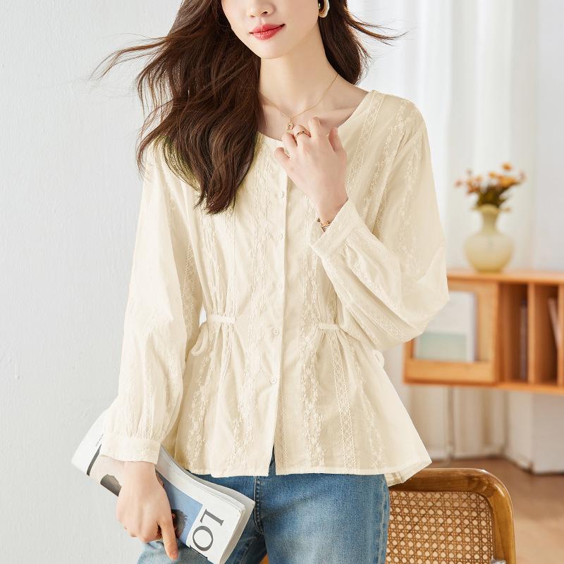 

Белая рубашка с вышивкой с круглым вырезом для женщин, длинные рукава, весна, новый стиль, дизайн ниши, топ со шнуровкой, рубашка из чистого хлопка XXL