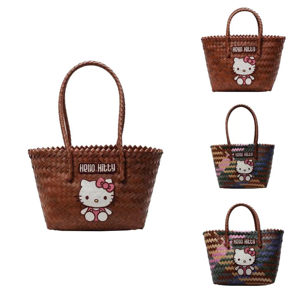 Kbelíková taška Hello Kitty z tkaného materiálu pro ležérní letní nošení