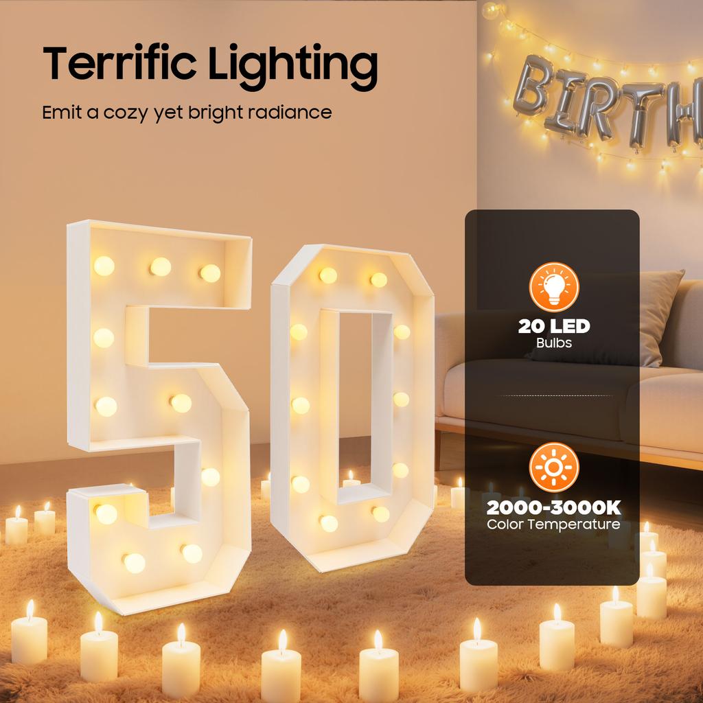Numero 50 luminoso a LED, decorazione di compleanno in stile vintage, grande sfondo per anniversario da 39" (99 cm) alimentato a batteria per la festa del 50° compleanno