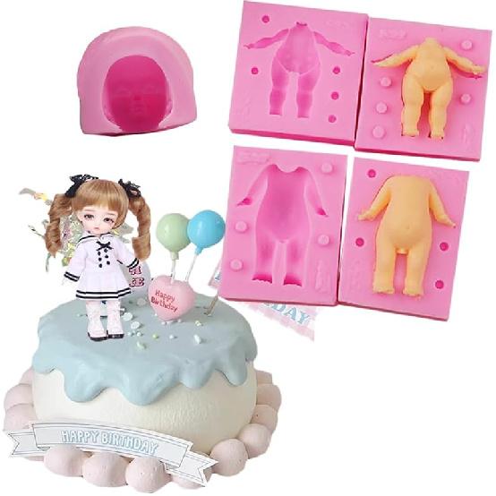 3D Doll Body Leg Arm Face Head Silicone Mold Q Version Dolls Model Fondant Craft Clay Resin Mould DIY Cake Decorating Supplies Baking Tool (5PCS)