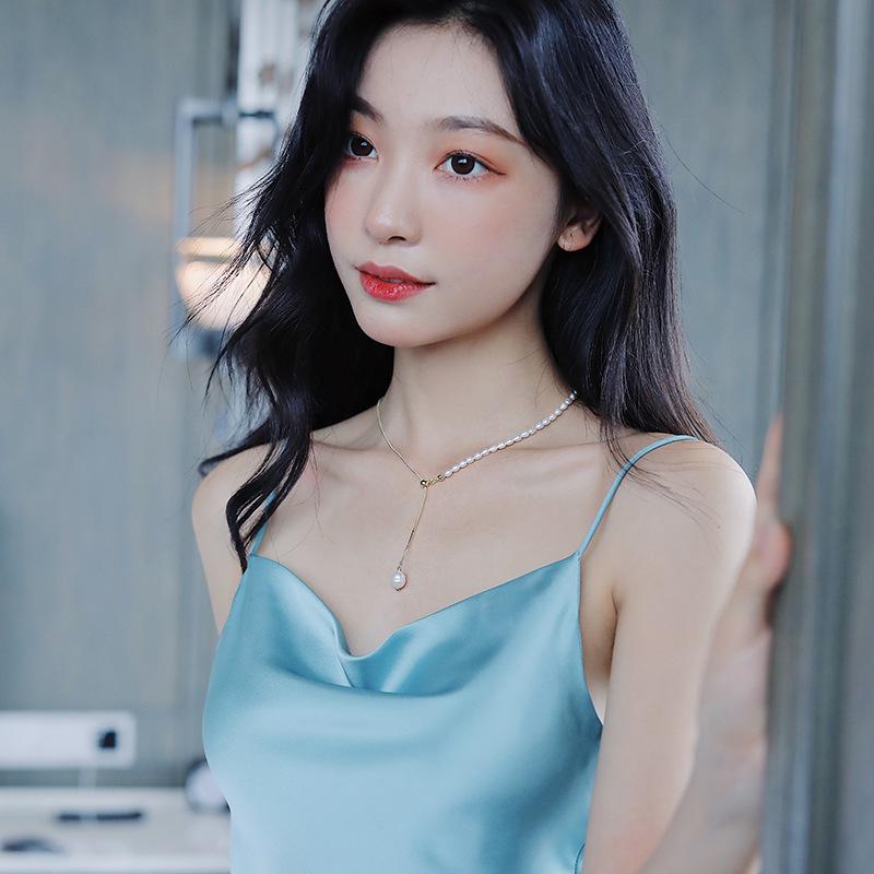 Women's Freshwater Pearl Y-Shaped Clavicle Necklace with Adjustable Sliding Buckle