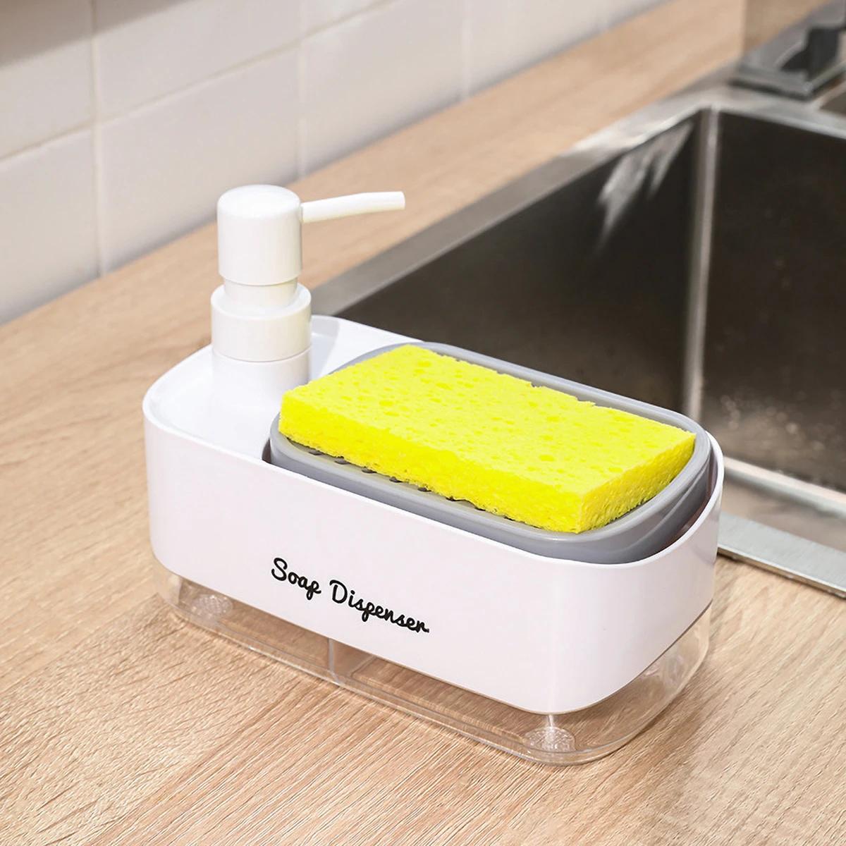 

Hand and Dish Soap Dispenser Set Detergent Dispenser Sponge Holder Countertop Soap Pump Dispenser for Kitchen Sink білий