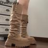Platform Height Increase Woman Knight High Boots Punk Style Thick Heels Long Booties Autumn Winter Belt Buckle Ladies Shoes