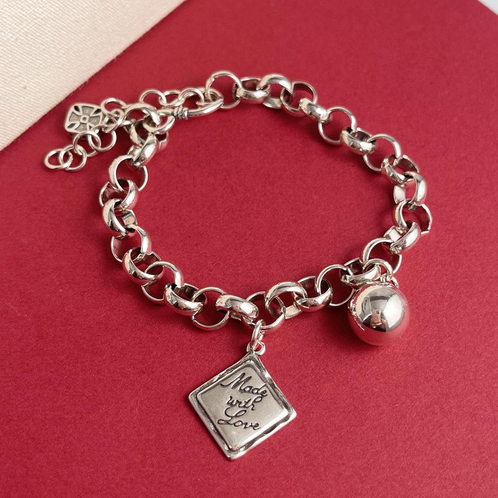 100% Solid 925 Sterling Silver Retro Bracelet for Women Men Vintage Handmade Letters Ball Simple Bracelet Birthday Gift
