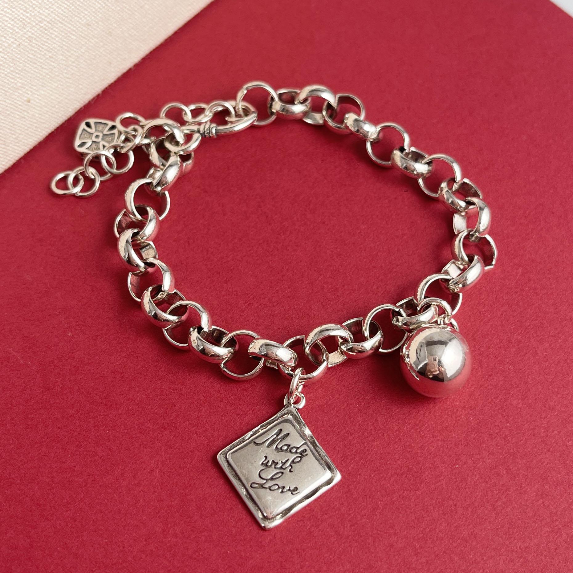 

100% Solid 925 Sterling Silver Retro Bracelet for Women Men Vintage Handmade Letters Ball Simple Bracelet Birthday Gift