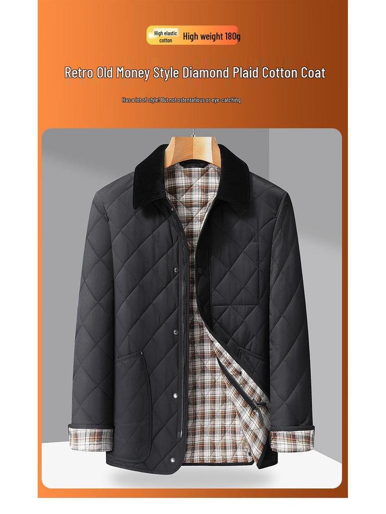 Men's Plus Size Quilted Diamond Pattern Cotton Jacket, Autumn/Winter 2025
