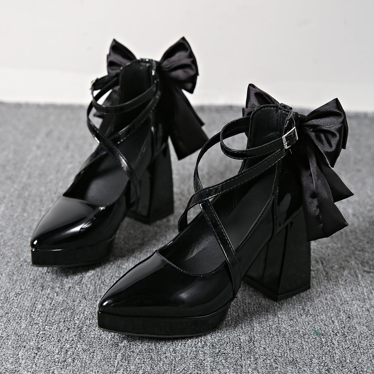 

Модные весенние женские туфли-лодочки 2025 Новые туфли Лолиты с круглым носком и толстым каблуком, с перекрестными ремешками, повседневные туфли на каблуке, женские туфли на платформе в стиле панк-готика 35 чёрный