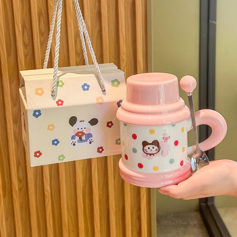 Cute and high-value puppy mug with lid spoon cartoon kitten ceramic cup for girl classmates birthday gift