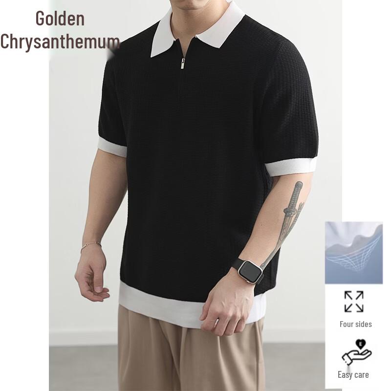 Men s Breathable Knitted Contrast Polo T-Shirt 3XL
