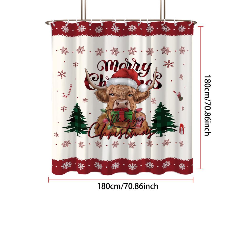 1pc Christmas Highland Cow Print Waterproof Shower Privacy Hanging Curtain with 12 Hooks, Multiple Sizes Machine Washable