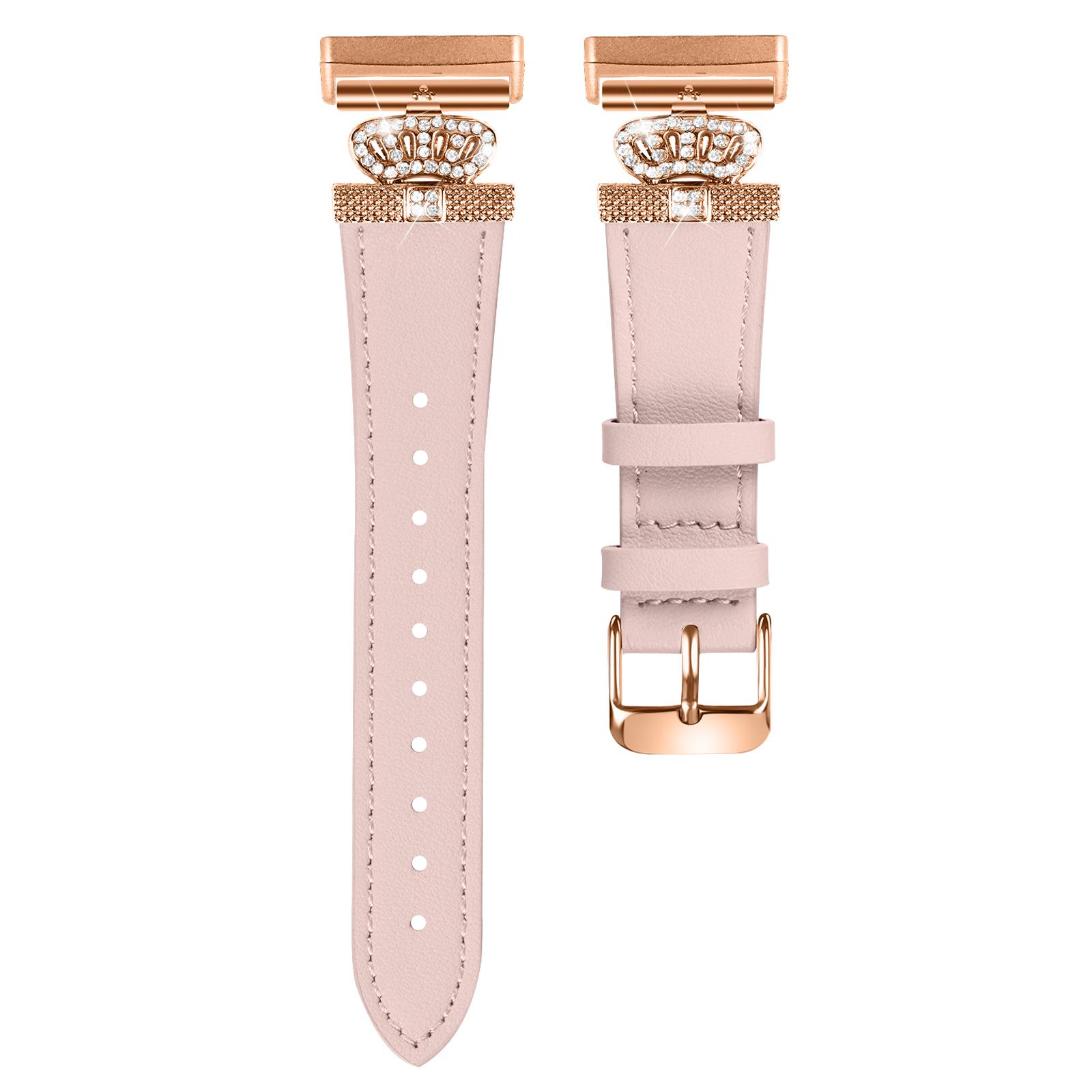 

For Fitbit Versa 4/Sense 2 Smooth Genuine Cow Leather Rhinestone Watch Strap (Rose Gold Buckle) Pink