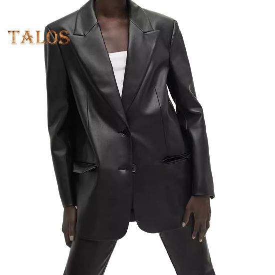 

Женская куртка из искусственной кожи, пиджак средней длины, однотонный однобортный пиджак с лацканами для повседневной жизни, работы, вечеринок, свиданий XL чёрный