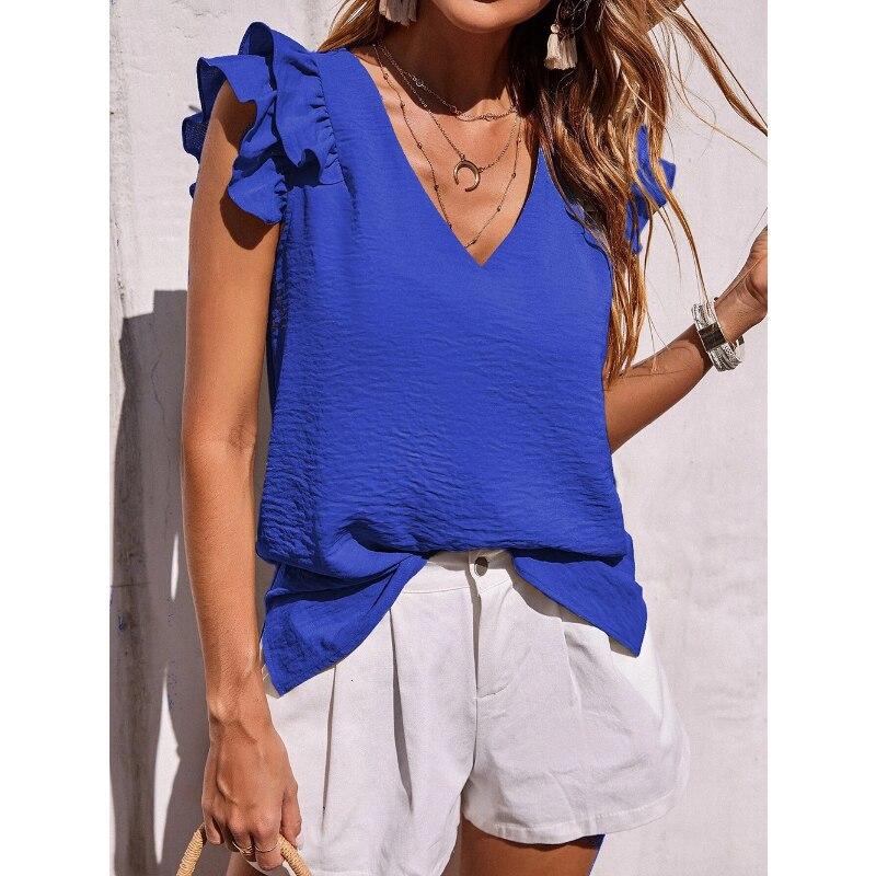 Kvinne Ruffles Ermeløse skjorter og bluser 2023 Mote sommer V-hals solide topper Elegant Stilig Uformelt Blusas-klær 26707