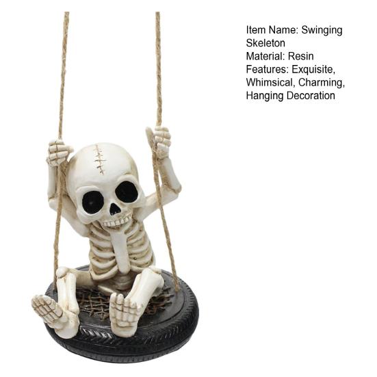 Halloween Resin Skeleton Swing Ornament Skeleton on A Tire Swinging Decoration for Car Rearview Mirror Garden Yard Tree Decor