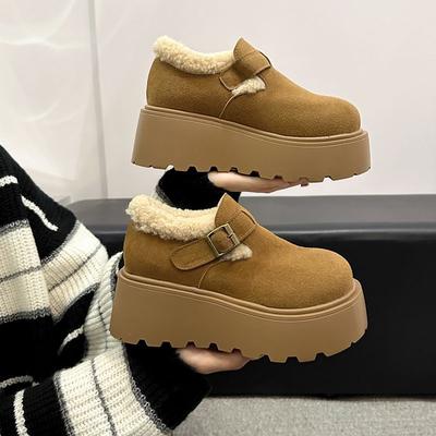 Round Head Platform Birkenstocks Women's Fleece Thickened Loafers British Style Winter Shoes Fleece Cotton Shoes