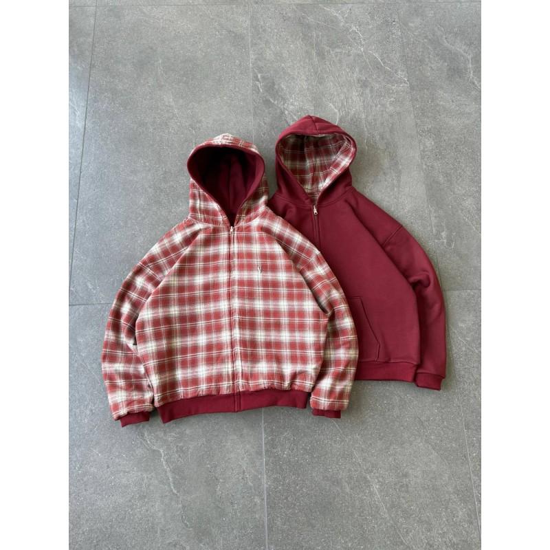 Mens Reversible Hooded Cardigan Sweatshirt American Vintage Style Loose Fit Casual Wear