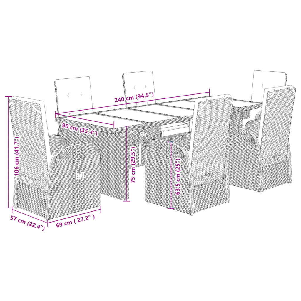 7 Piece Garden Dining Set with Cushions Gray Poly Rattan
