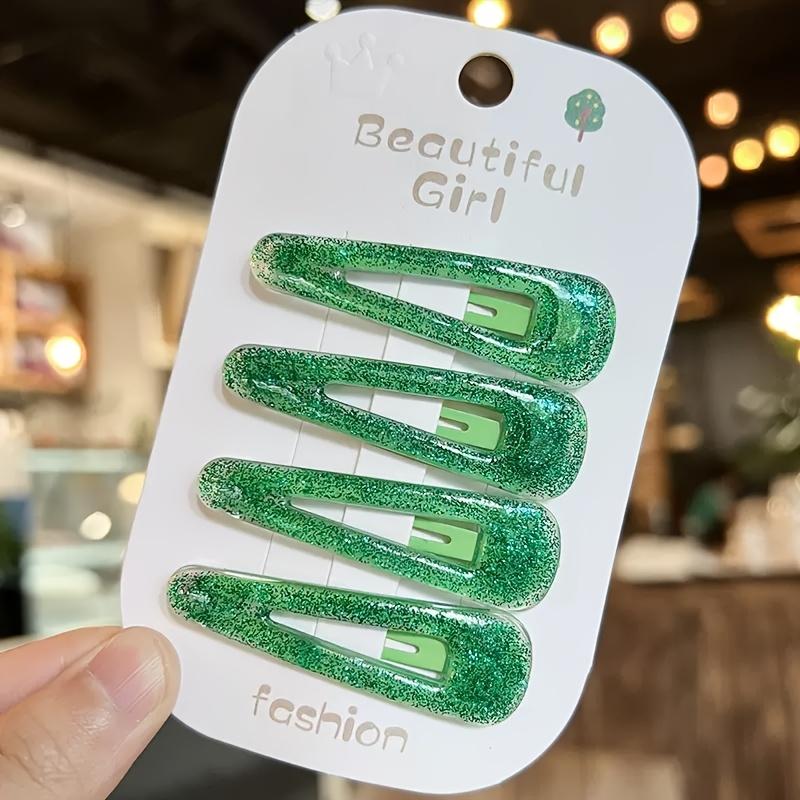 

4 шт./набор Блестящие акриловые заколки для волос - нежные и не повреждающие волосы аксессуары для волос в стиле принцессы для девочек зелёный