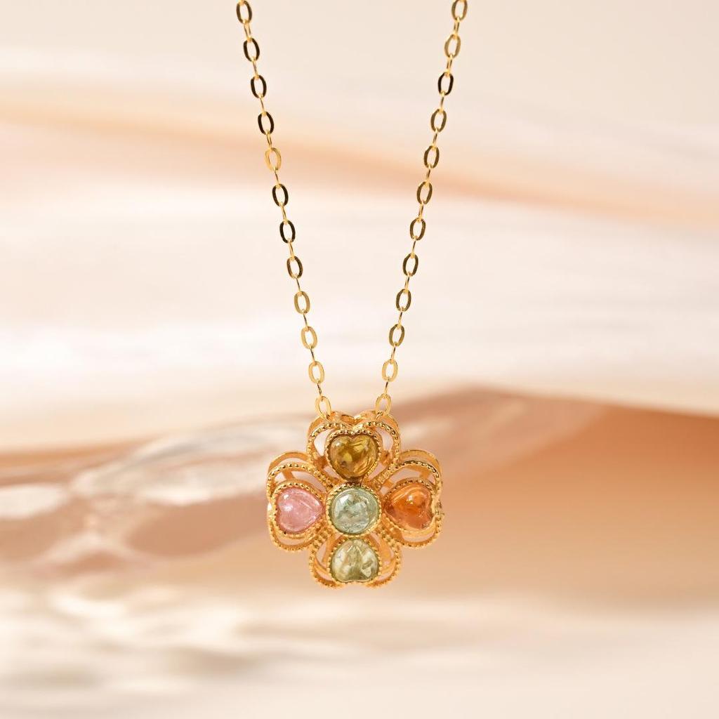 Natural Tourmaline S925 Sterling Silver Heart Clover Pendant Necklace for Women