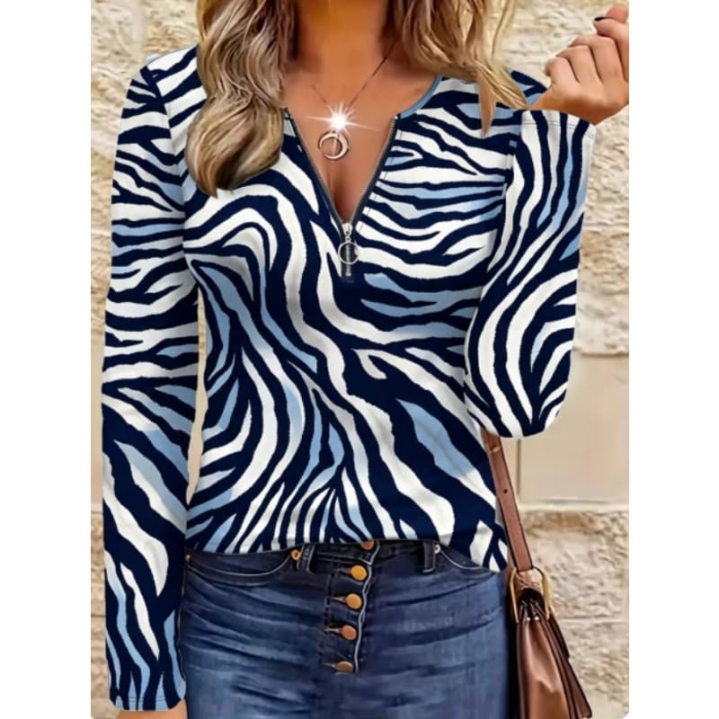 Women's creative printed zipper long-sleeved T-shirt, breathable, soft and comfortable, suitable for all-year-round casual wear