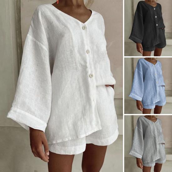 

2 шт./компл., женская рубашка, комплект с шортами, однотонная однотонная однобортная блузка с длинными рукавами и v-образным вырезом, свободные короткие штаны, повседневный комплект M белый
