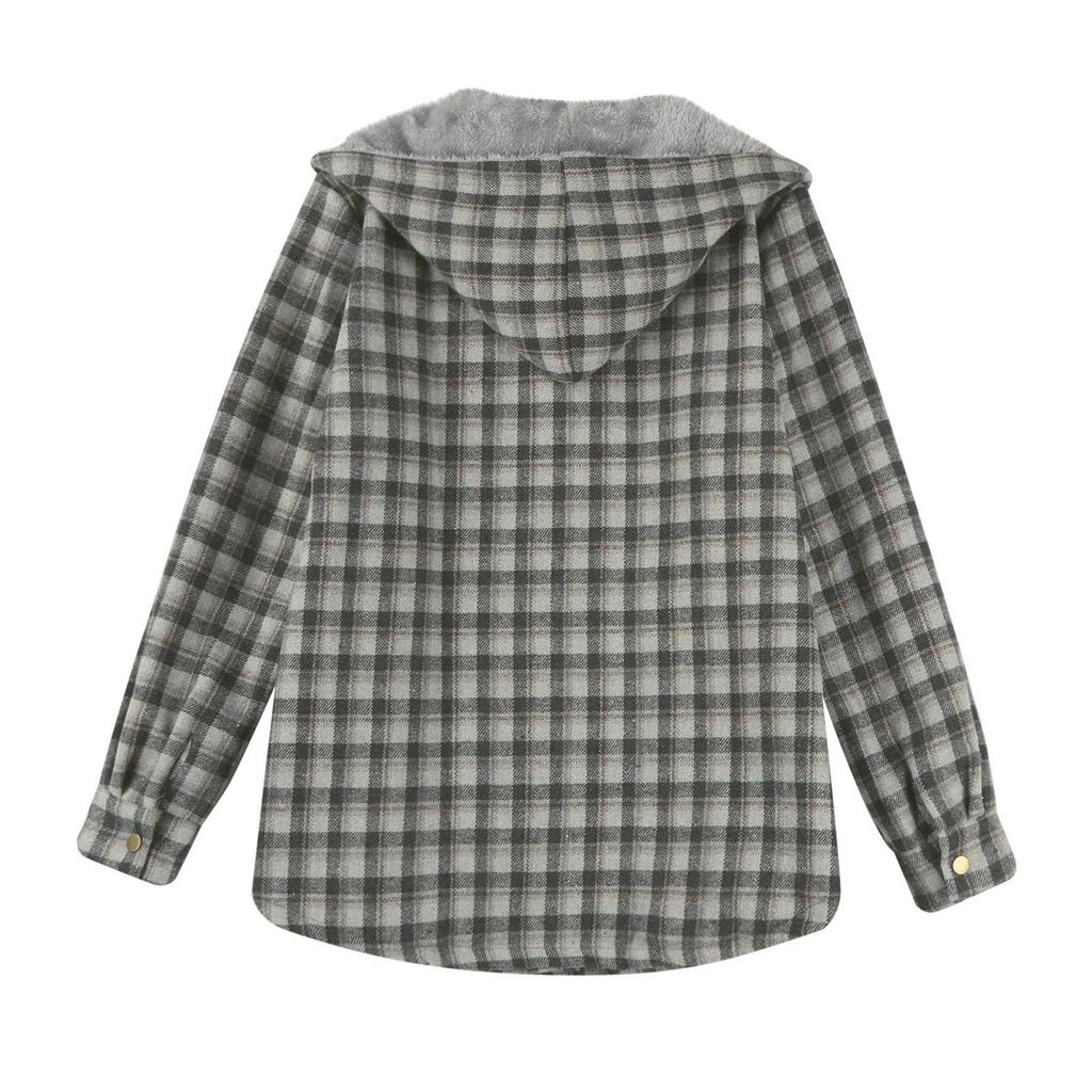 Womens Plaid Shacket Jacket Long Sleeve Button Down Fleece Hooded Jackets Warm Coat