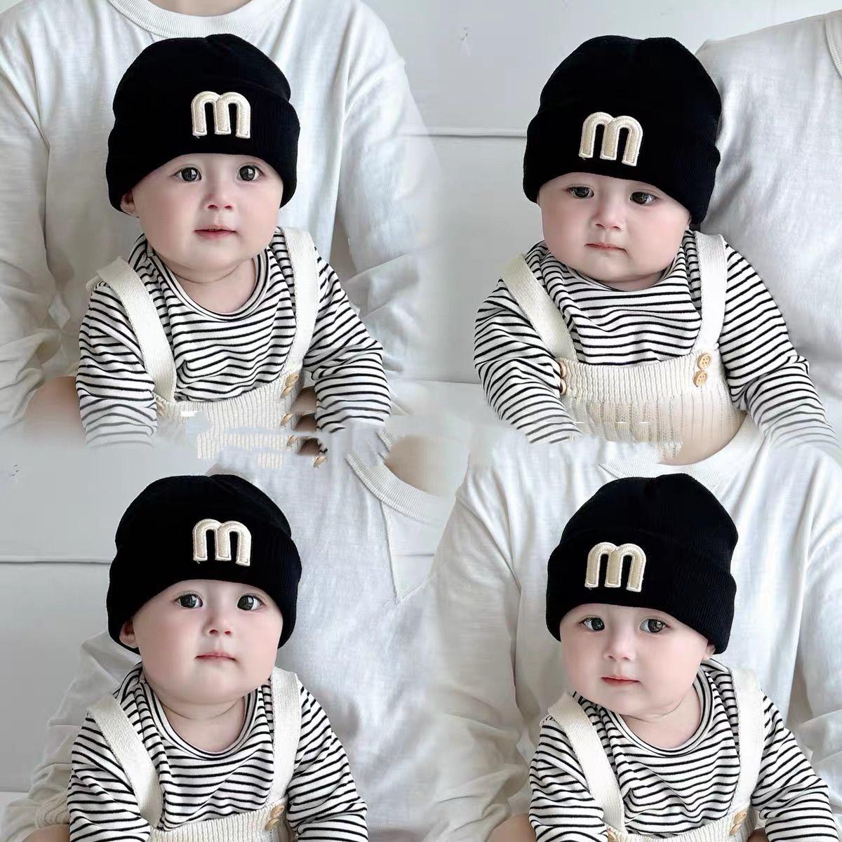Knitted Wool Baby Hat: Windproof, Stylish & Warm for Spring/Autumn Letter M Knit Hat - Beige