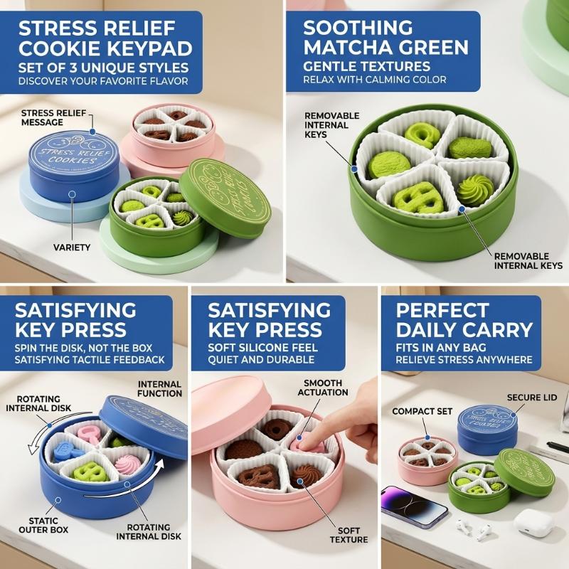 Portable Cookies Box Decompression Toy Built-in Keyboard Shaft Biscuit Button Sensory Fidget Toy for Autism Kids Anxiety Relief