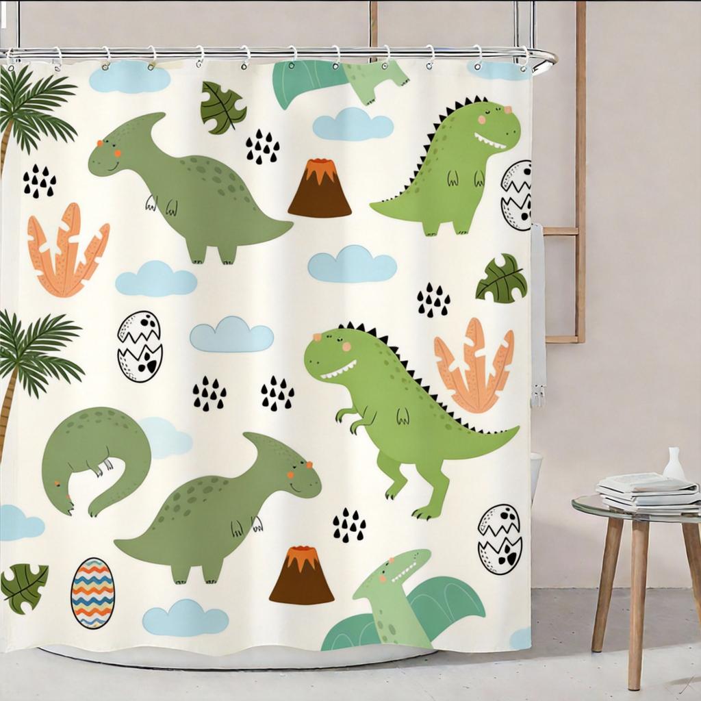 Cute Dinosaur Shower Curtain Green Cartoon Dinosaurs Print For Kids Bathroom Decor Polyester Bath Curtain With Hooks