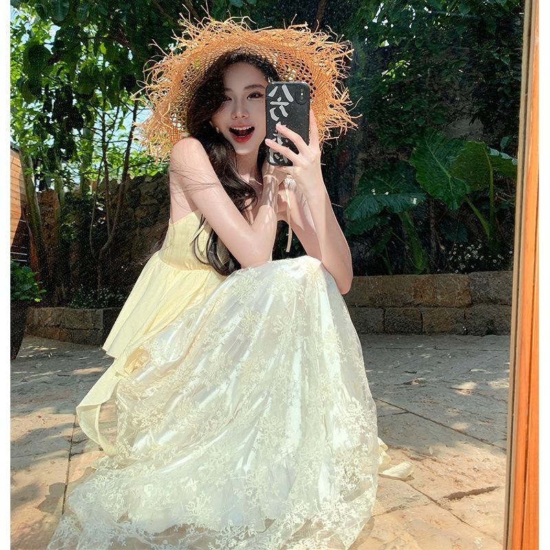 New Cinderella Romantic Heavy Industry Embroidery Suspender Long Dress Collar Lace Splicing Travel Vacation Long Dress