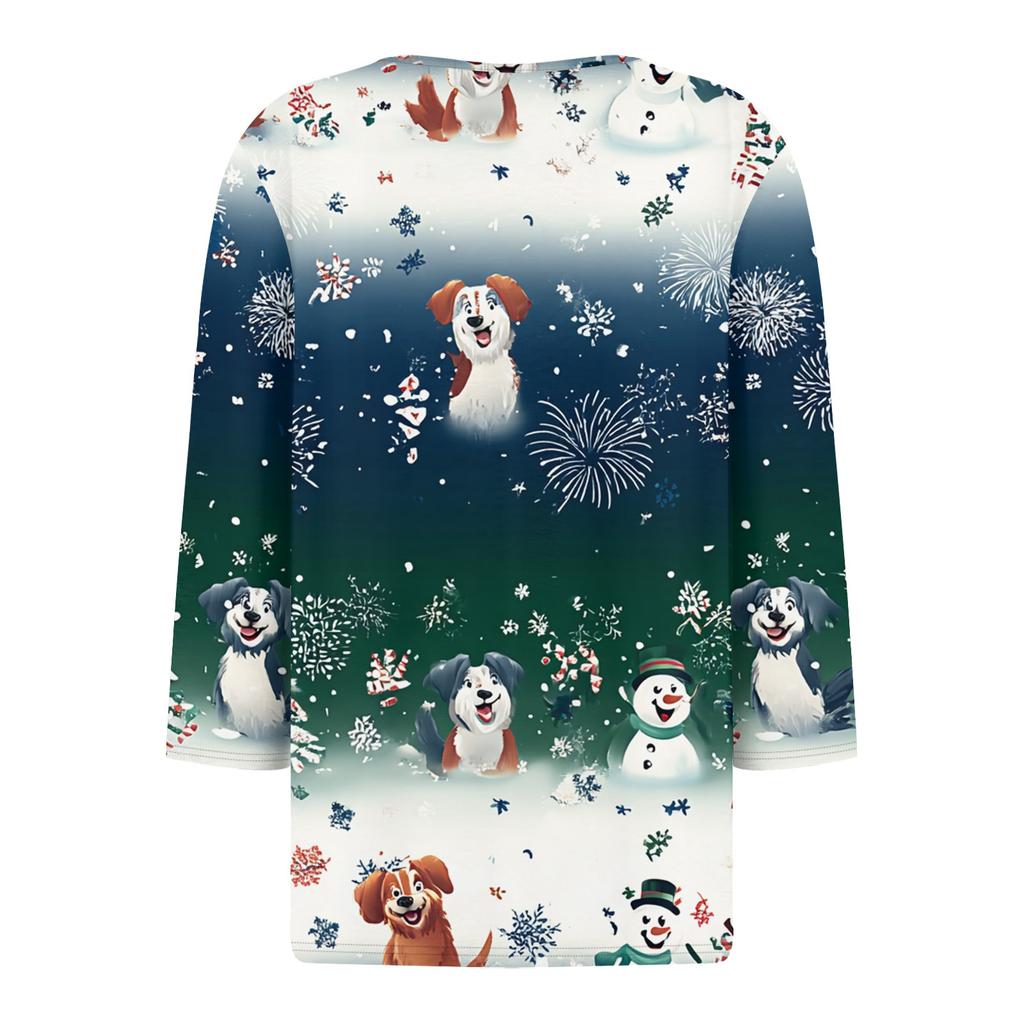 Women's T Shirt Tee Christmas Printed Button 3/4 Sleeve Tunic Daily Weekend Fashion Basic V- Neck Regular Top