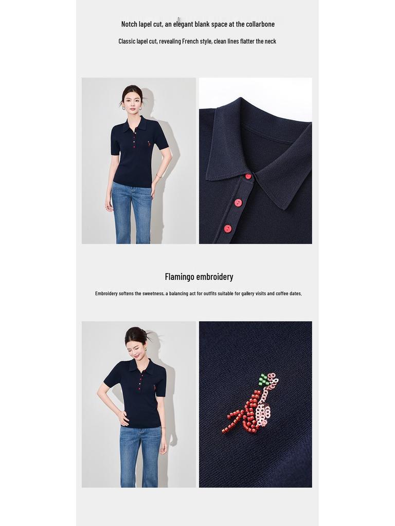 Exquisite French-Style Flamingo Embroidered Turn-Down Collar Knit Top for Women - New Summer Short Sleeve Fashion