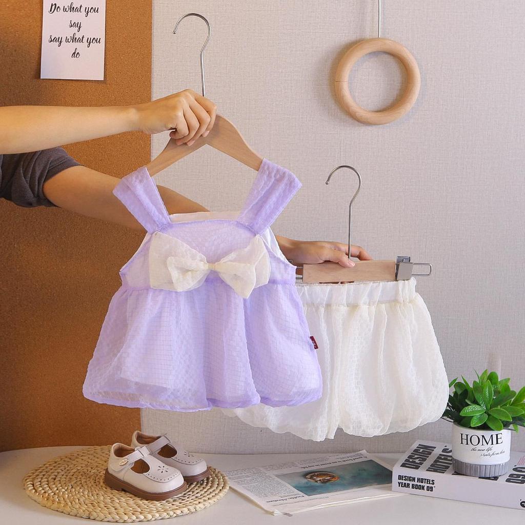 Girls' Summer Big Bow Tulle Skirt Two-Piece Set - Casual Summer Outfit for Baby Girls