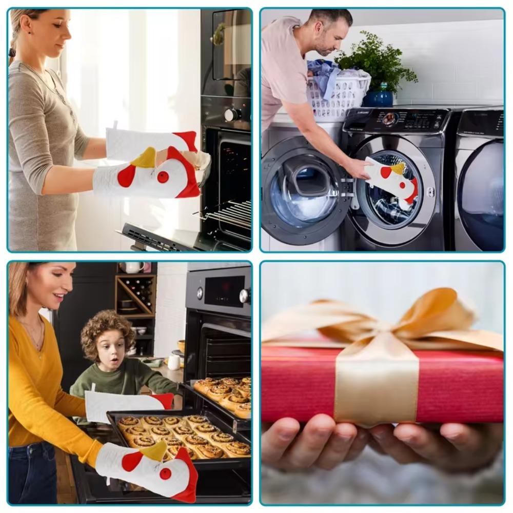 Heat Resistant Rooster Trim Oven Mitts Cotton Lined Kitchen Gloves Microwave Mitts  Cooking