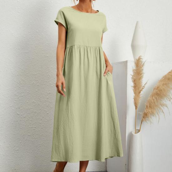 Women Dress Short Sleeve Casual Breathable Solid Color A-Line Dual Pockets Midi Dress for Daily Wear