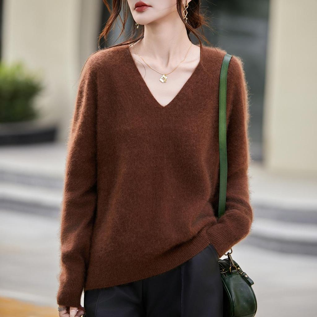 Women's V-Neck Cashmere Wool Pullover Sweater - Seamless, Brushed Knit, Long Sleeve for Autumn/Winter