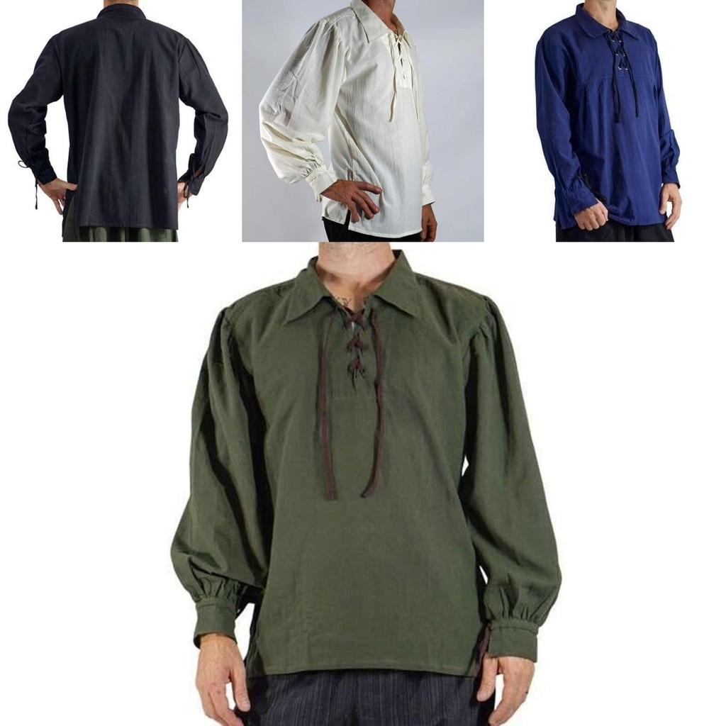 V-neck Lace Up Medieval Peasant Shirt In Cotton Blend For Ren Faire Cosplay