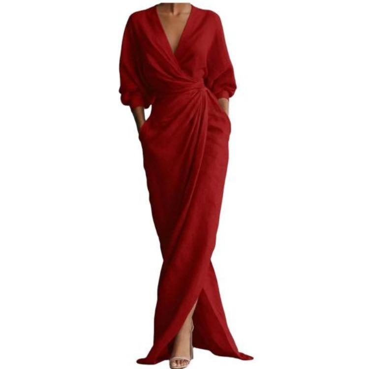 Women Maxi Dress Split Wrap V Neck 3 4 Sleeve Ruched Bodycon Long Cocktail Party Wedding Guest Dress with Pockets S красный