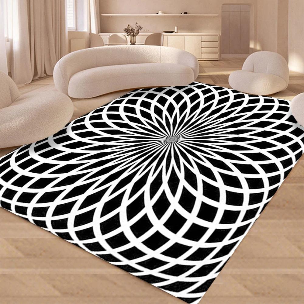 3D Vortex Illusion Area Rug for Bedroom Living Room Non-Slip Floor Mat Black White Geometric Optical Decor