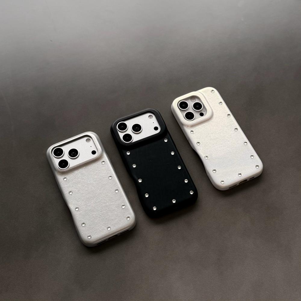 Niche Solid Color Leather Double-row Diamond-encrusted, Suitable for Apple 16promax Mobile Phone Case 17 New Iphone14 Personalized 15pro Women's 13