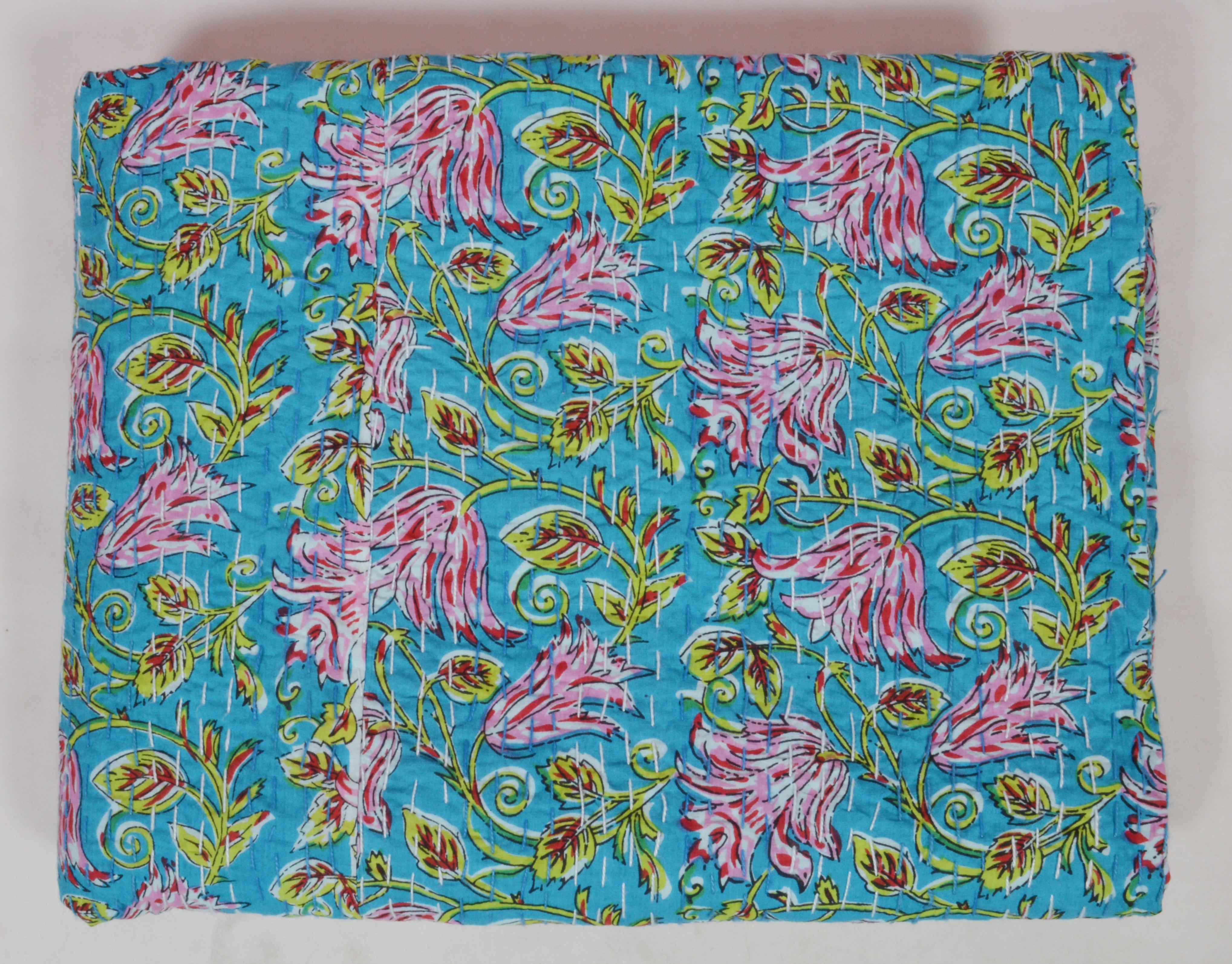 

Индийское одеяло Kantha ручной блок с цветочным принтом Kantha Quilt Single Pure Cotton Kantha Богемное покрывало на кровать Покрывало пледы одного размера